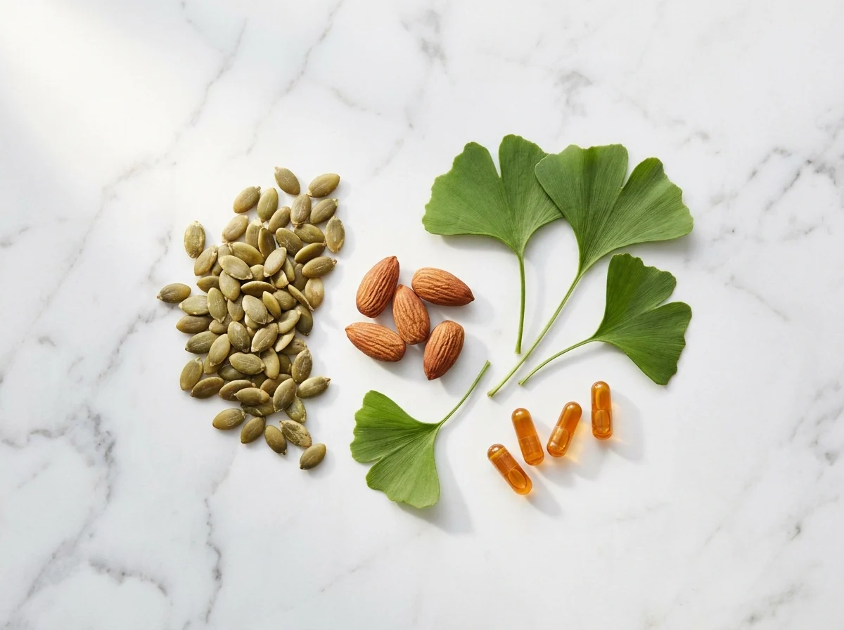 Zinc and magnesium rich natural ingredients - pumpkin seeds, almonds, ginkgo leaves