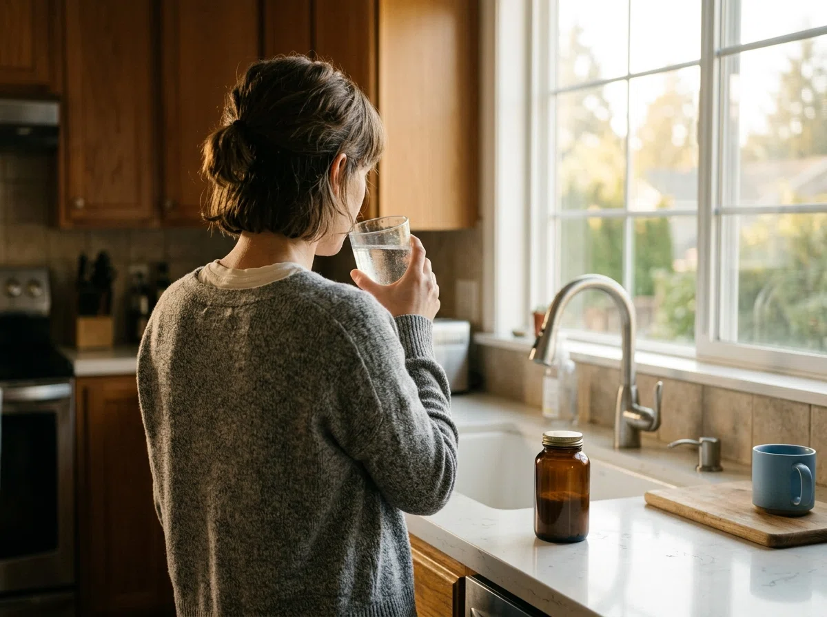Morning wellness routine - supplement with glass of water